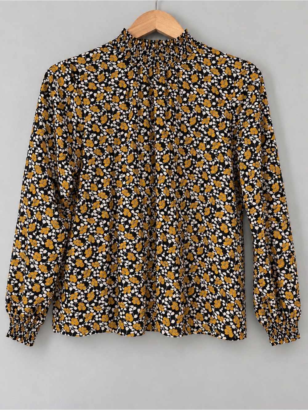 ONLY Women’s M Black Mustard Floral Smocked High Neck Long Sleeve Blouse